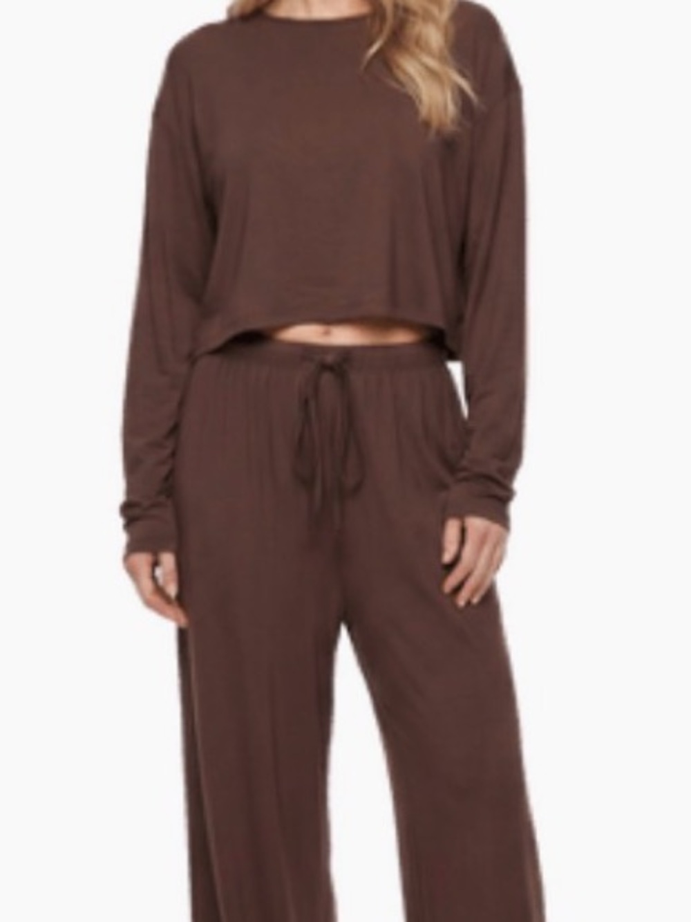 Bumpsuit “The Cloud” Cropped Long-Sleeve Tee in Chocolate Brown